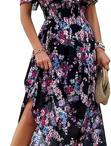SYKT Women's Dresses Summer Bohemian Elegant Casual Short Sleeve Floral Print Midi Dress